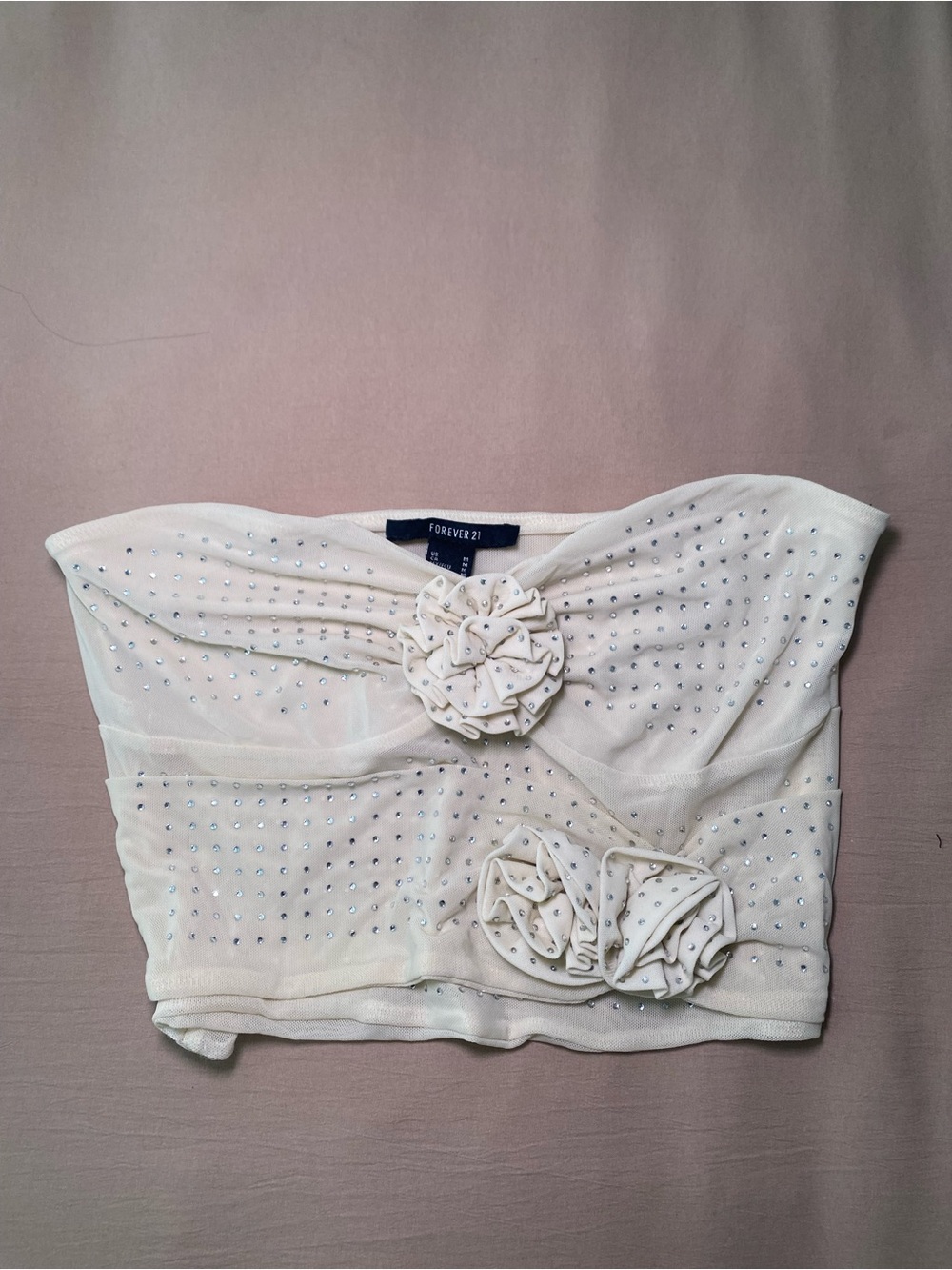 Forever 21 White Strapless Embellished Rosette Crop Top MEDIUM